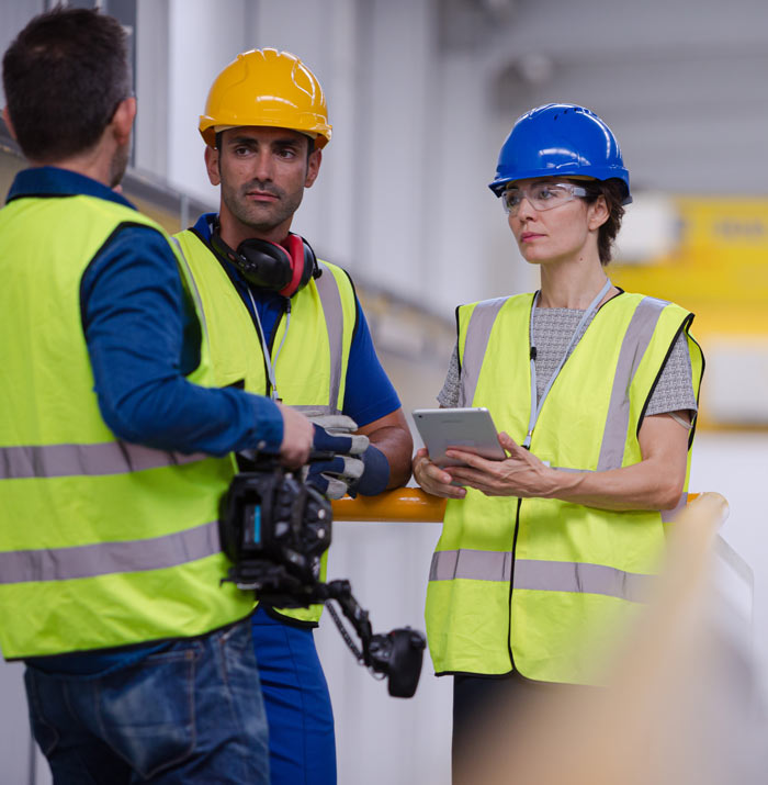 Three construction workers in safety vests and helmets discuss a project while one holds a tablet. The setting appears to be a construction site, emphasizing teamwork and safety.